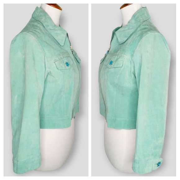Vintage Wilsons Leather 100% Suede Cropped Jacket Size Large Aqua Barbiecore - Picture 8 of 12